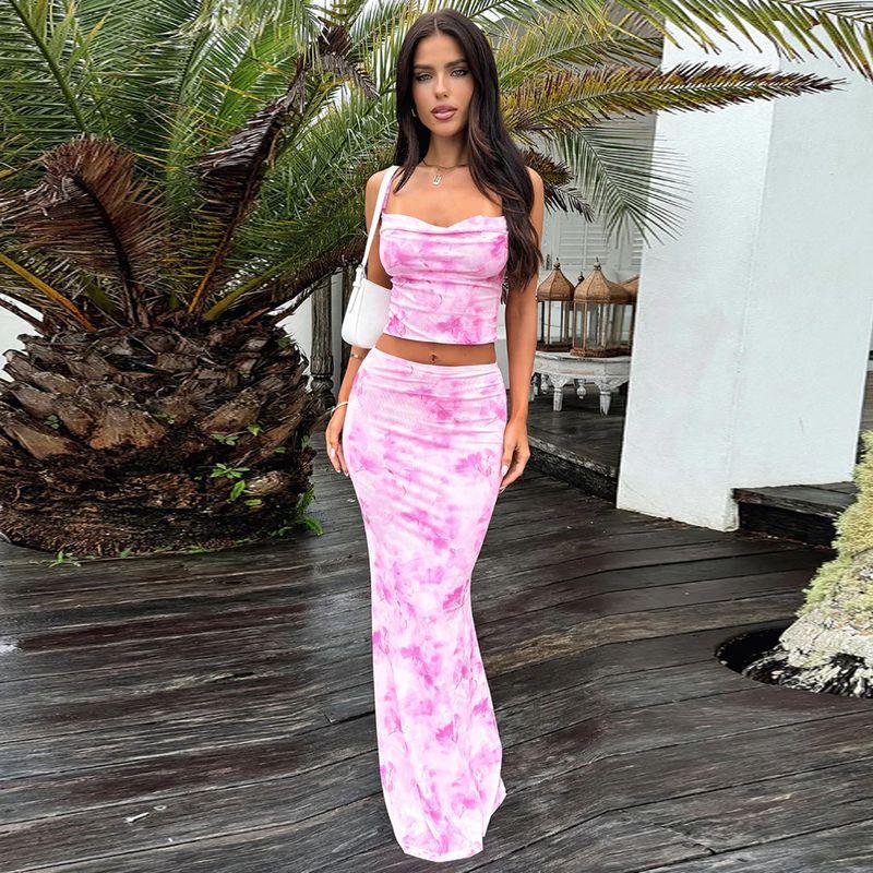 

Shemoda Tie-Dyed Print Fashion Suit off-Neck Camisole + High Waist Silm Micro-Pull Dress Two-piece Set Pink S