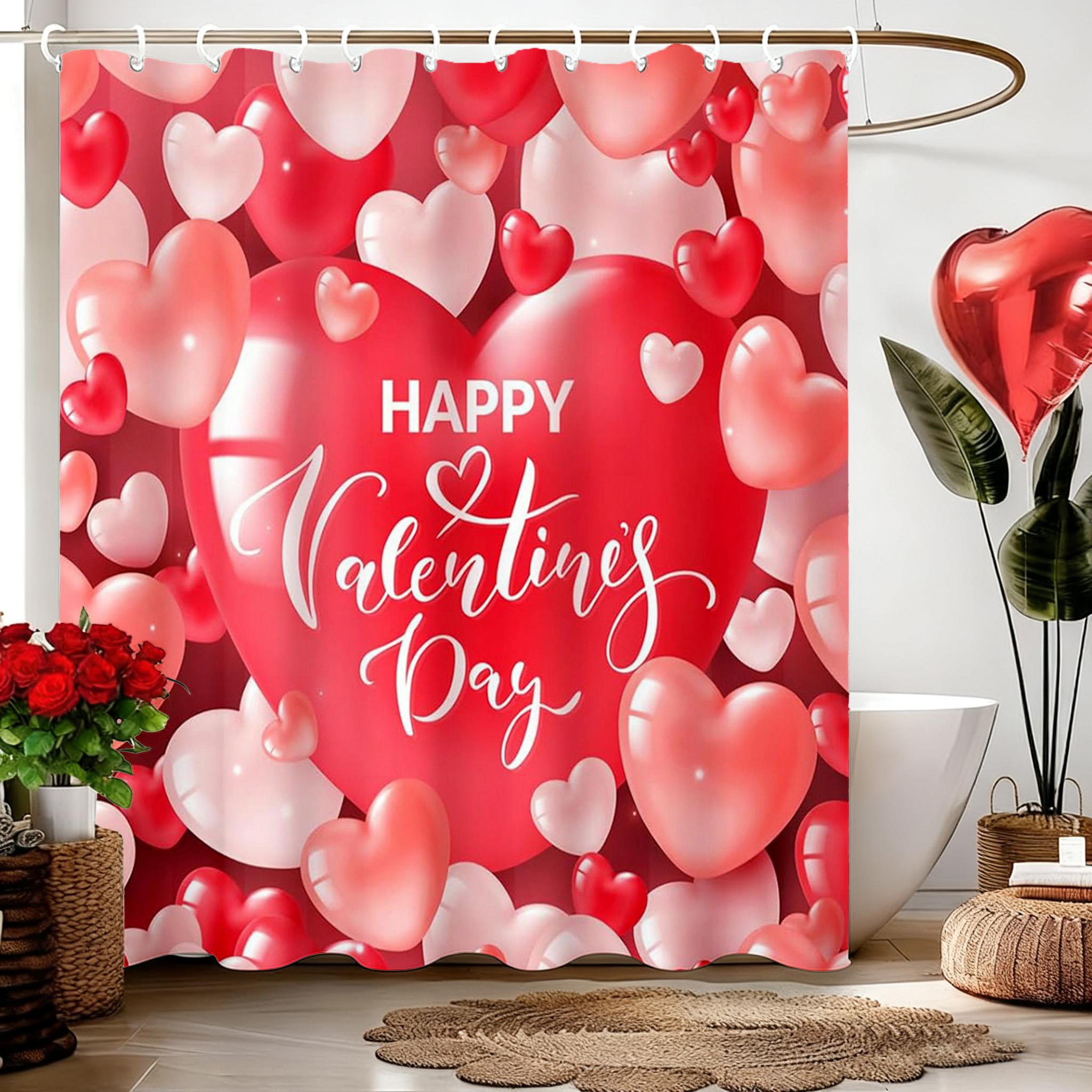 

Valentine S Day Bathroom Set: Heart Design Shower Curtain, Toilet Cover & Mats With 12 Free Hooks, Red Pink White Romantic Decor W60H190(CM)-1 Pcs