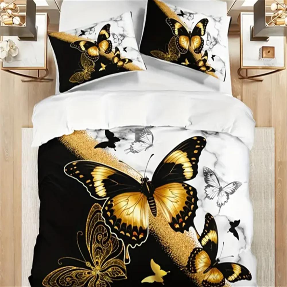 3pcs Golden Butterfly Duvet Cover Set, Black and White, Breathable Polyester, All-Season, Digital Print, Duvet Cover For Bed