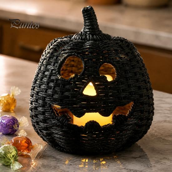 Decoraciones Espeluznantes para Repisa Halloween Cesta de Calabaza de Resina, Linterna Falsa Tejida Adorno, Acentos para el Hogar para Bote de Dulces Negro Decoración de Mesa Regalo de Inauguración