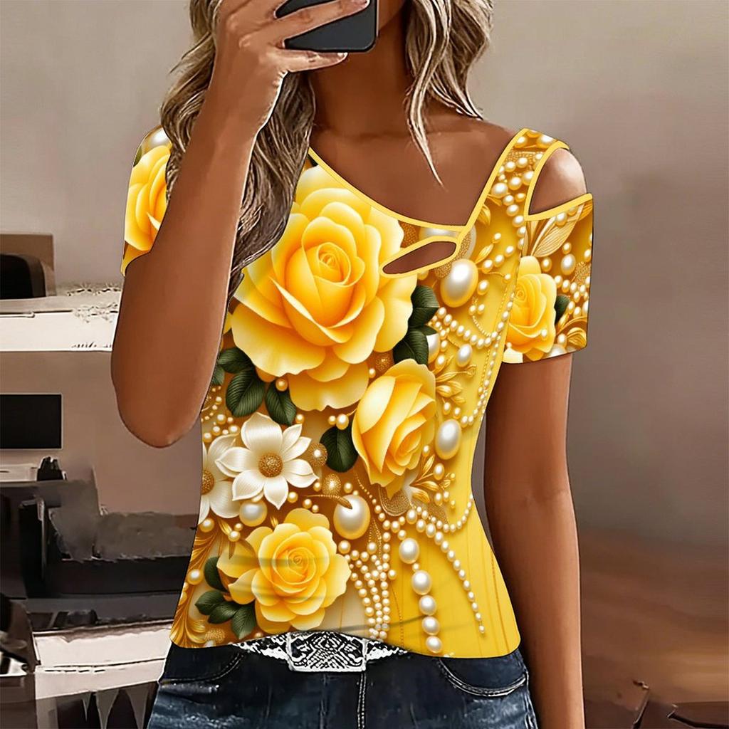 Women Heart-shaped Pattern Print Cold Shoulder Short Sleeve T Shirt Irregular Cutout Neck Casual Summer Blouse Top