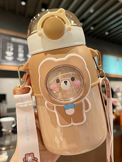 

600 ML Charming Bear Thermos Water Bottle Featuring Straw Suitable For Girls Kids Stainless Steel Vacuum Flask Insulated Leakproof Practical Use 600ml
