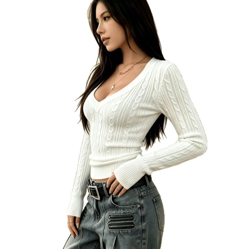 Womens Slim Fit V-Neck Knit Top Long Sleeve Casual Sweater Fall