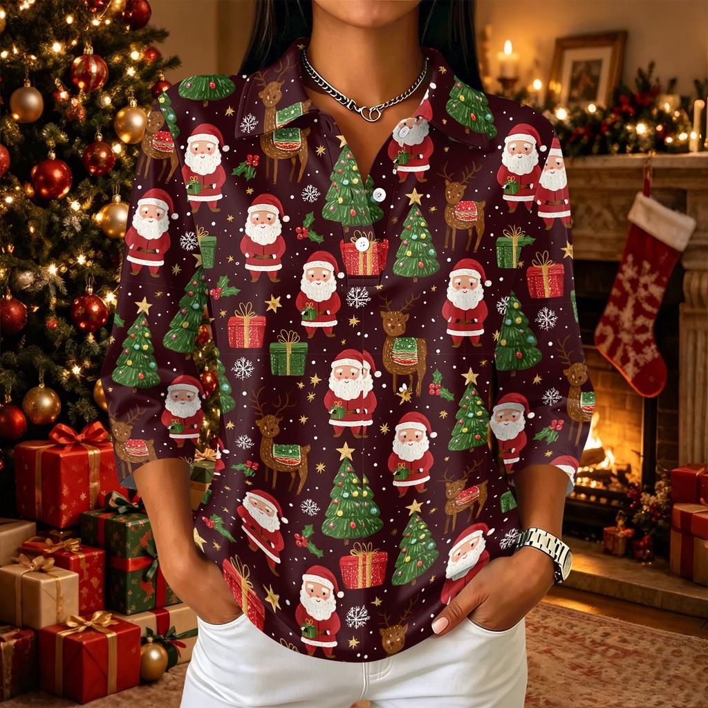 Damen Freizeithemd mit 3/4 Ärmeln, Kragen und Knopfleiste mit Weihnachtsdruck