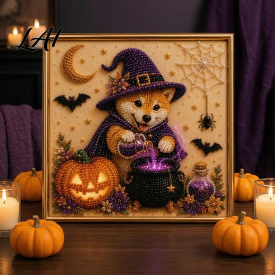 Puppy Themed Faux Pearl Painting Halloween Kit Art DIY Witch Seasonal Home Decor Projects Hat Bead Craft Kit for Adults And Teens Handmade