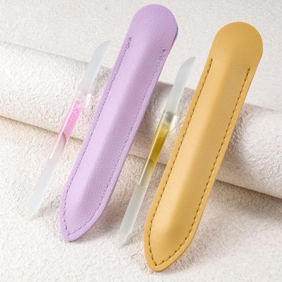 2Pcs/Set Glass Cuticle Pusher Nail File Easy Cleaning Double Sided Glass Manicure Stick with Imitation Leather Case Cuticle Remover Tool