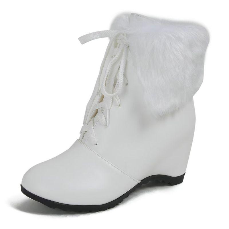 

Бренд Женские Теплые Зимние Ботинки Круглый Носок Увеличенный Каблук 6 см На Шнуровке Большой Размер 41 42 43 Толстый Мех Милые Повседневные Ботильоны 39 белый