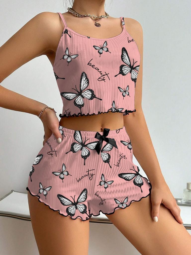 Women’s Fashion Butterfly Print Ribbed Cami Top and Shorts Two-Piece Pajama Set Comfortable Loungewear