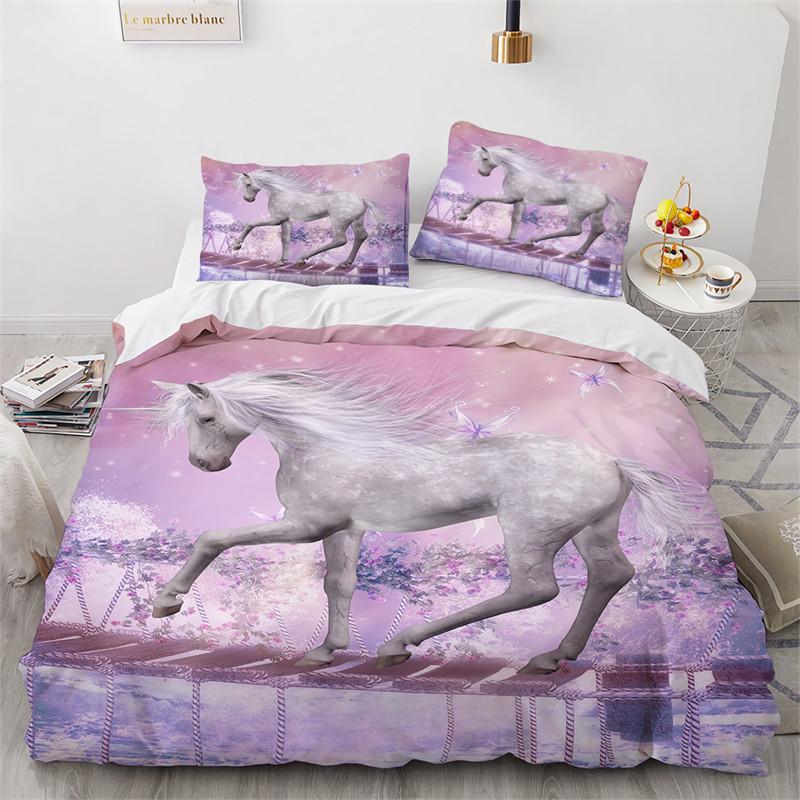 Cute Unicorn Duvet Cover Microfiber Forest White Unicorn Horse Comforter Cover Flying Horse Bedding Set King Full For Girls Teen