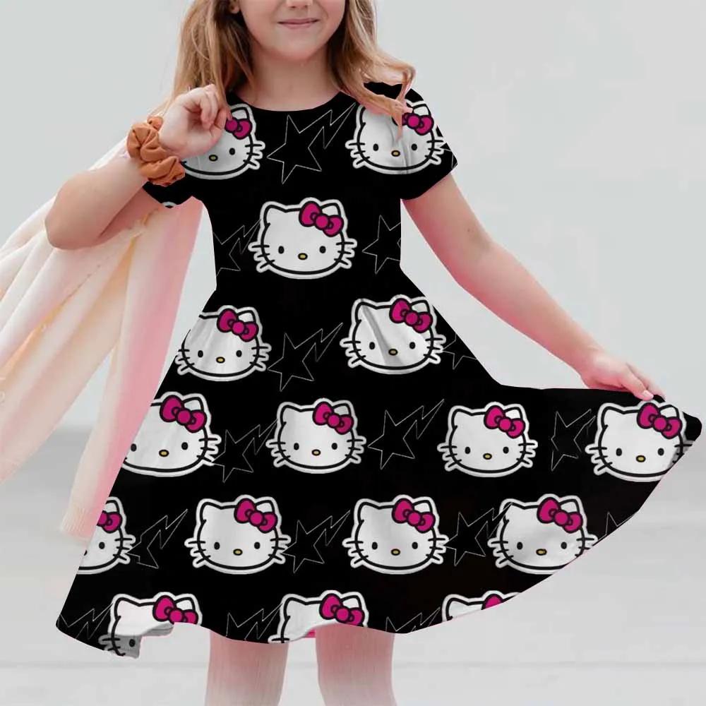 New Summer Dress Fashion Cartoon Cute Hello Kitty 3D Print Dresses Kids Short Sleeve Princess Girls Party Children Clothes
