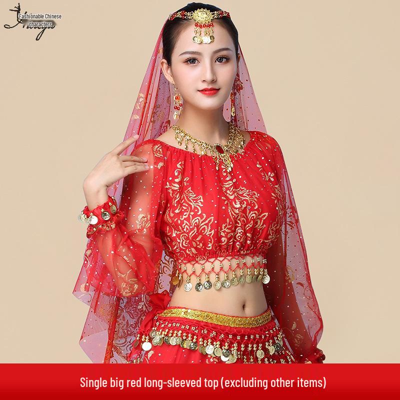 Fantasia de Apresentação de Dança do Ventre Indiana Huayu - Conjunto de Vestido de Manga Comprida de Chiffon para Mulheres