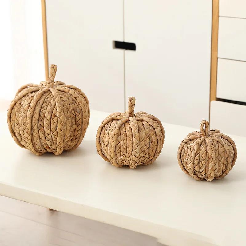 Rattan Pumpkin Figurine - Harvest Autumn Table Decoration Fall Home Ornaments Statue Stylish Seasonal Decor for Indoor Display