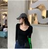 Women's Gray Long-Sleeve Tight Fit Short T-Shirt, Autumn 2025 Fashion.