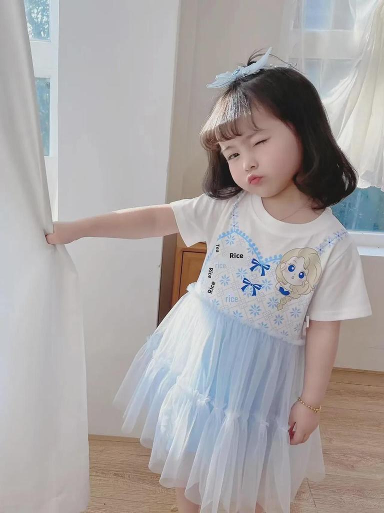 2023 Summer Girls' Cute Cotton Princess Dress with Mesh Cake Skirt