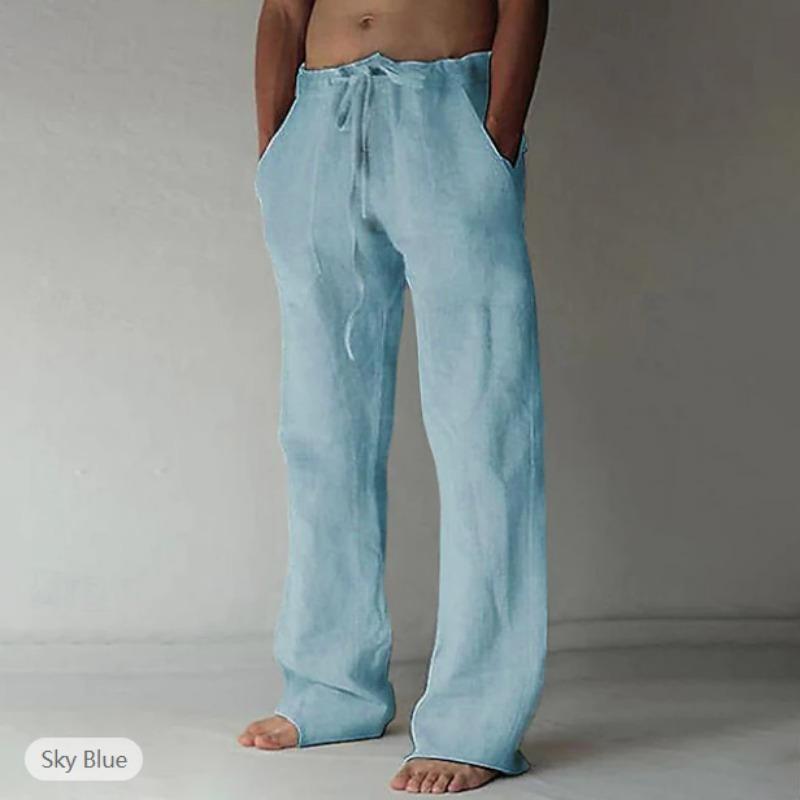 Mens Casual Drawstring Linen Wide Leg Pants With Pockets