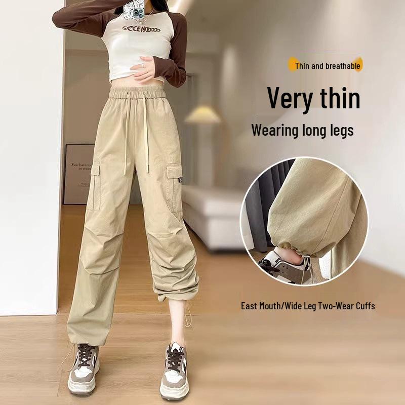 

Women s High Waist Cargo Pants - Spring/Summer 2024, Versatile Loose Fit, Cuffed Wide Leg, Two-Way Casual Sports Style, Thin Fabric, Small Size. 5XL абрикосовый
