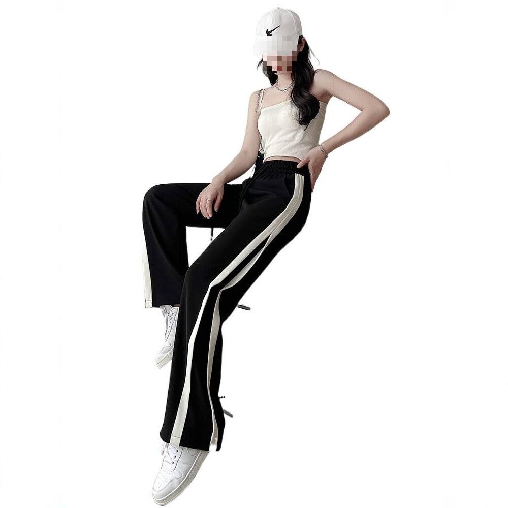 Women's Ice Silk Wide-Leg Sports Pants - Black, Thin, Straight, Loose, Casual Style for Spring, Summer, and Autumn