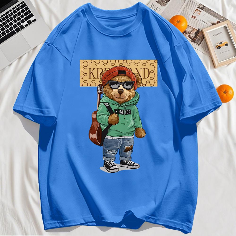 Fashionable Teddy Bear Print Mens T-Shirts Cotton Hip Hop Short Sleeve Oversized Sports Clothes Summer Street T Shirts