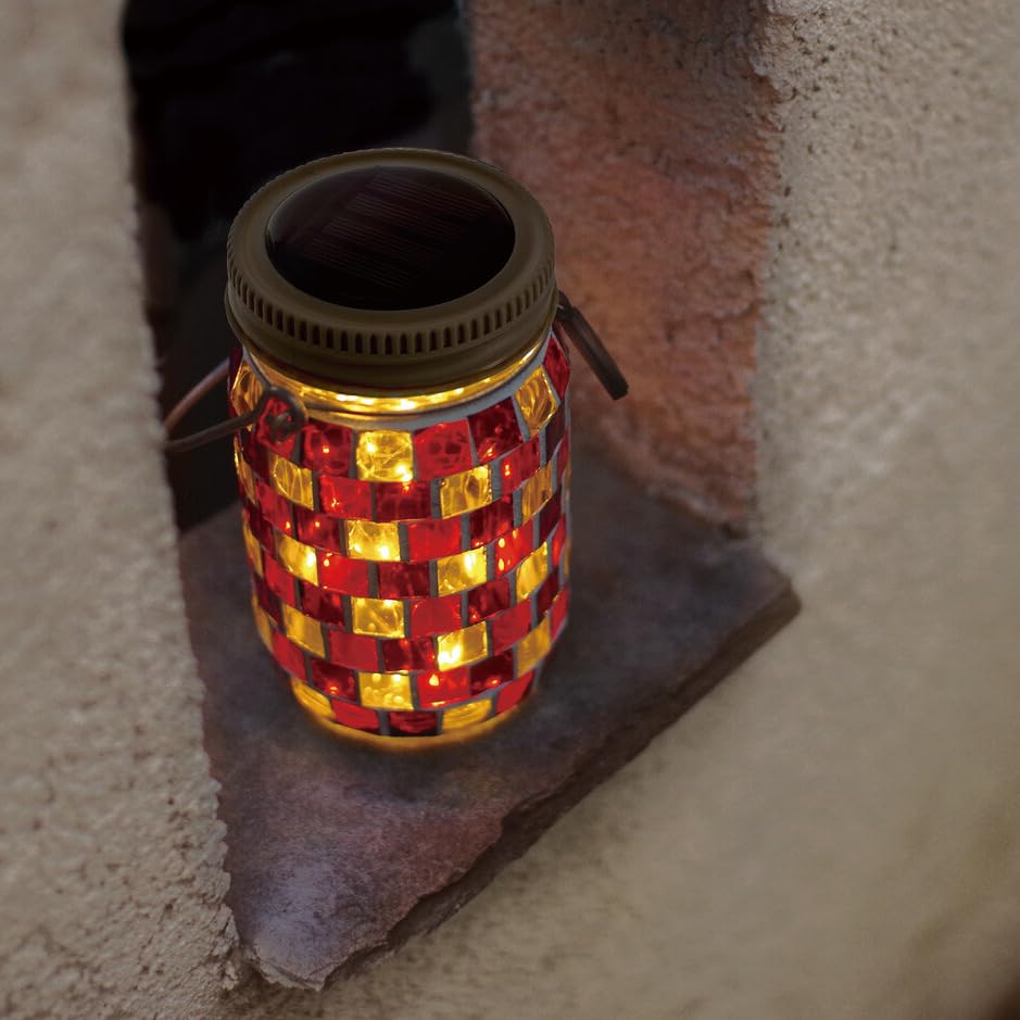 Gartenleuchte in Rot kleiner Größe Durchmesser x mit glitzerndem Mosaik Sie verfügt über LED-Leuchten, die sich automatisch einschalten bei und ist IPX4 Enver Hellook