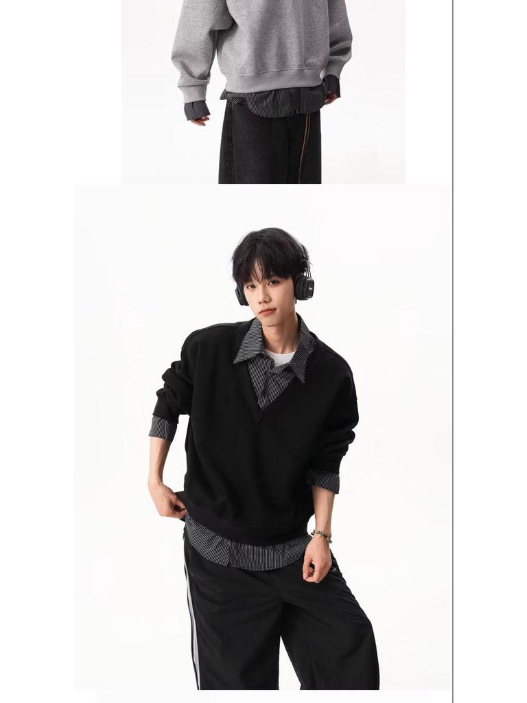 Autumn Faux Two-Piece Hoodie - Unisex Korean Style Loose Pullover with Shirt Collar