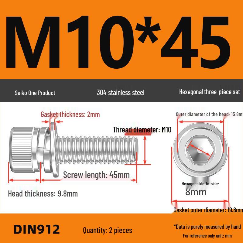 304 Stainless Steel Hex Socket Cap Screw with Washer - Sizes M3, M4, M5, M6, M8, M12