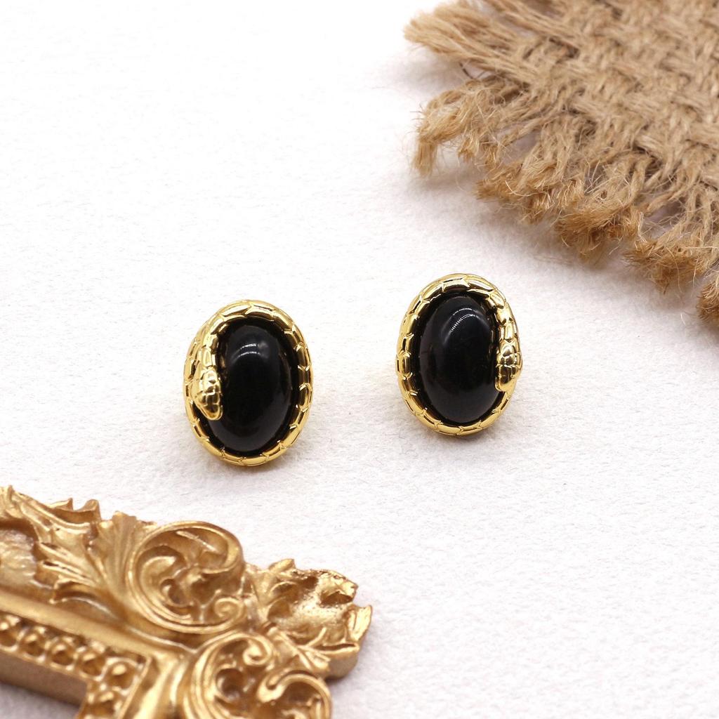 Elegant Gold Snake Stud Earrings - Natural Stone, Luxurious & Versatile Design