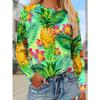 Women's Fashion T-Shirt Pineapple Flower Green Leaves Tropical Plant Pattern Printed Round Neck Long Sleeve Top