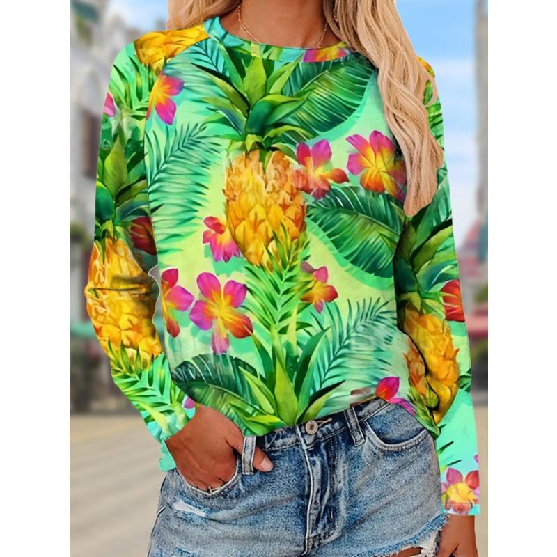 Women's Fashion T-Shirt Pineapple Flower Green Leaves Tropical Plant Pattern Printed Round Neck Long Sleeve Top