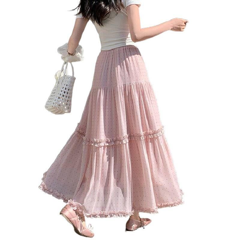 Ruffle Polka Dot Chiffon Pleated Tiered A-Line Maxi Skirt High-Waist Slimming Flowy Long Skirt for Women QT2915