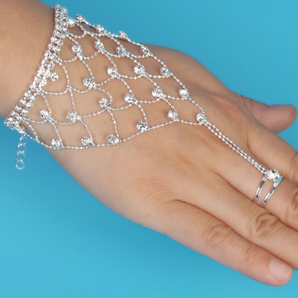 Elegant Women's Rhinestone Chain Bracelet with Connected Ring Design