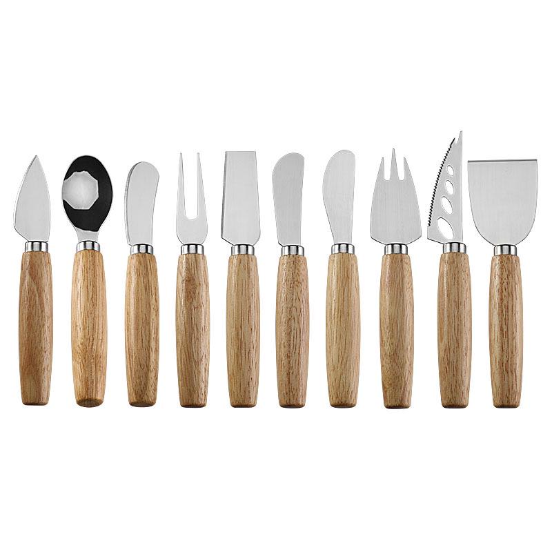 Rubber Wood & Stainless Steel Cheese Knife Set - Western Tableware with Knife, Fork, and Spoon