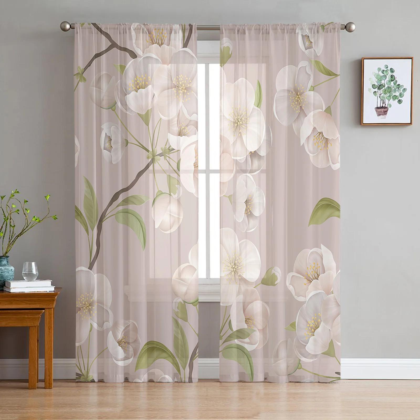 Tonnika Chen Brown/Peach Spring Background Blossom Tulle Curtains Living Room Home Decor Window Curtain Kitchen Voile Sheer Made Of Polyester Sitting