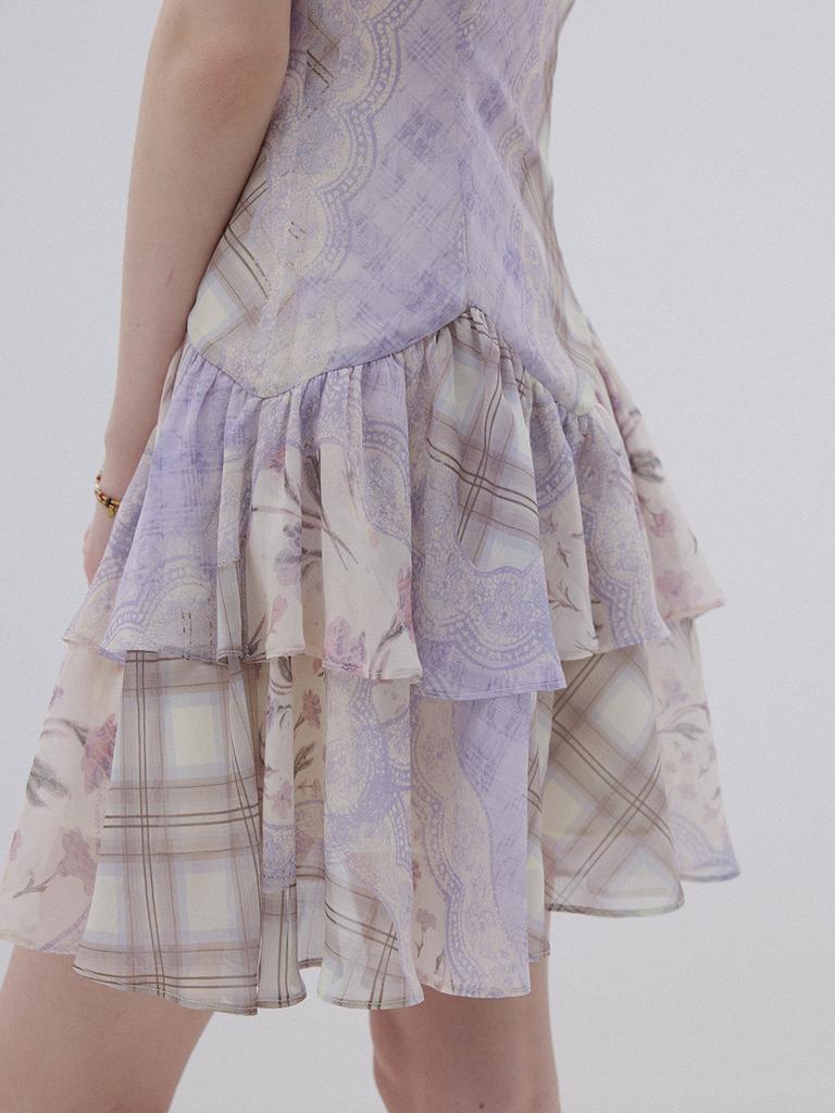 Sinseuden Lavender Floral Patchwork Mini Dress