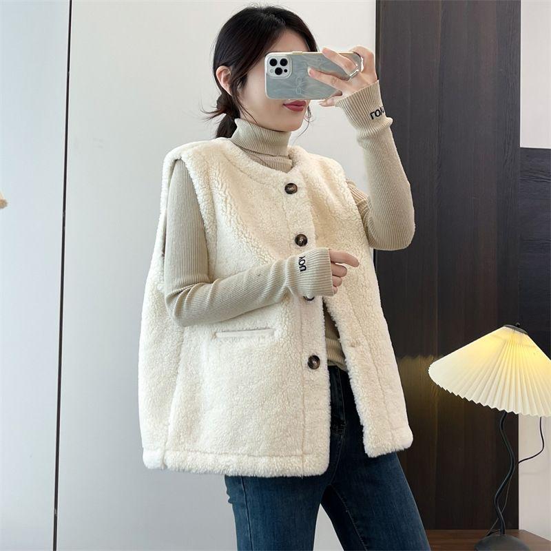 Gilet en laine d'agneau grande taille: Veste sans manches confortable d'automne/hiver pour femmes