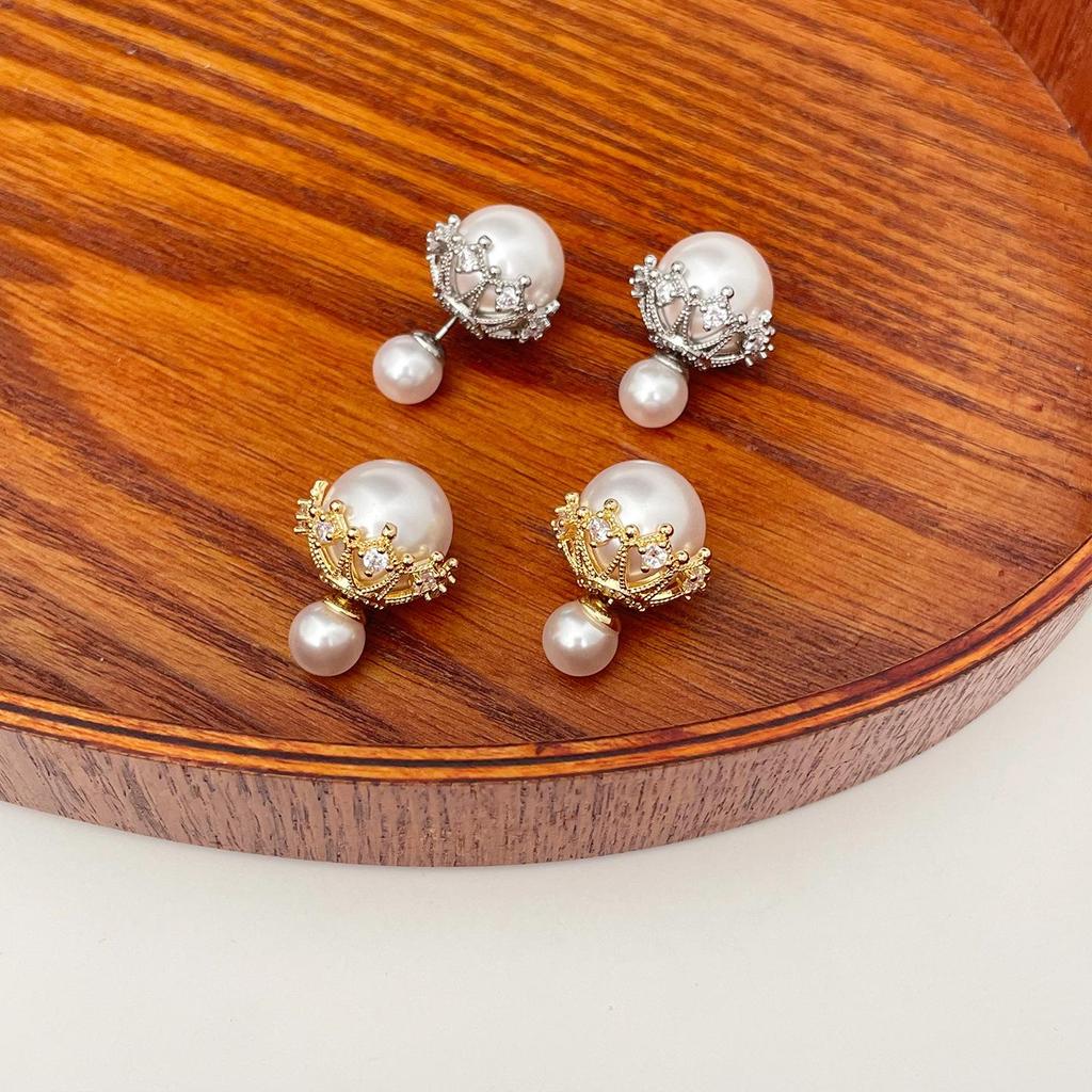 Elegant Two-Way Pearl & Zircon Stud Earrings: Front-Back Style, Copper, Simple & Fashionable, Light Luxury Design