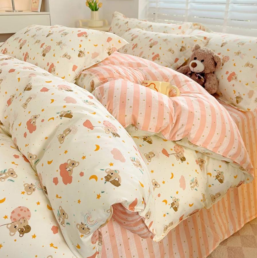 Pink Flowers Duvet Cover Set Ins Fashion Single Queen Size Girls Boys Flat Sheet Pillowcase No Filler Home Decor Bedding Set