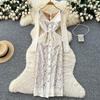 High-end Celebrity Dress Women's Autumn Fashion Lapel Single-breasted Strap Waist Hip-wrapped Lace Long Skirt