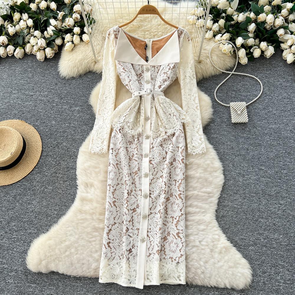 High-end Celebrity Dress Women's Autumn Fashion Lapel Single-breasted Strap Waist Hip-wrapped Lace Long Skirt