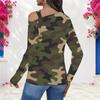 Women Plus Size Camouflage Print Asymmetric Cutout Cold Shoulder Long Sleeve Fitted Top