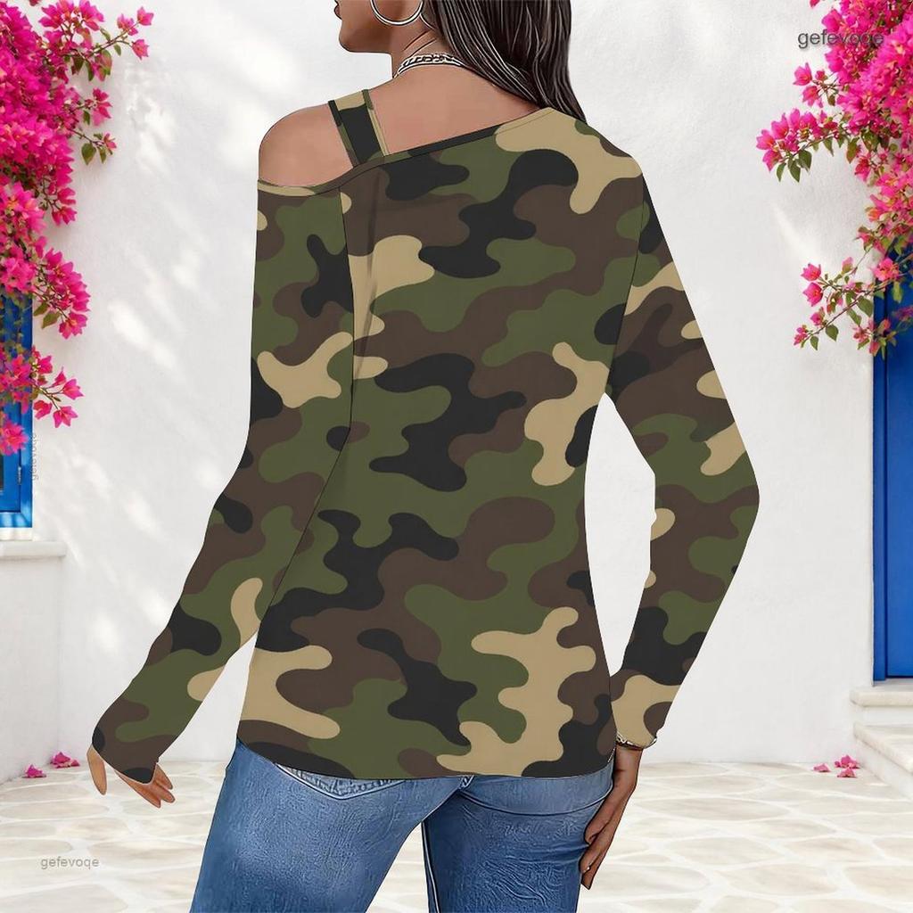 Women Plus Size Camouflage Print Asymmetric Cutout Cold Shoulder Long Sleeve Fitted Top