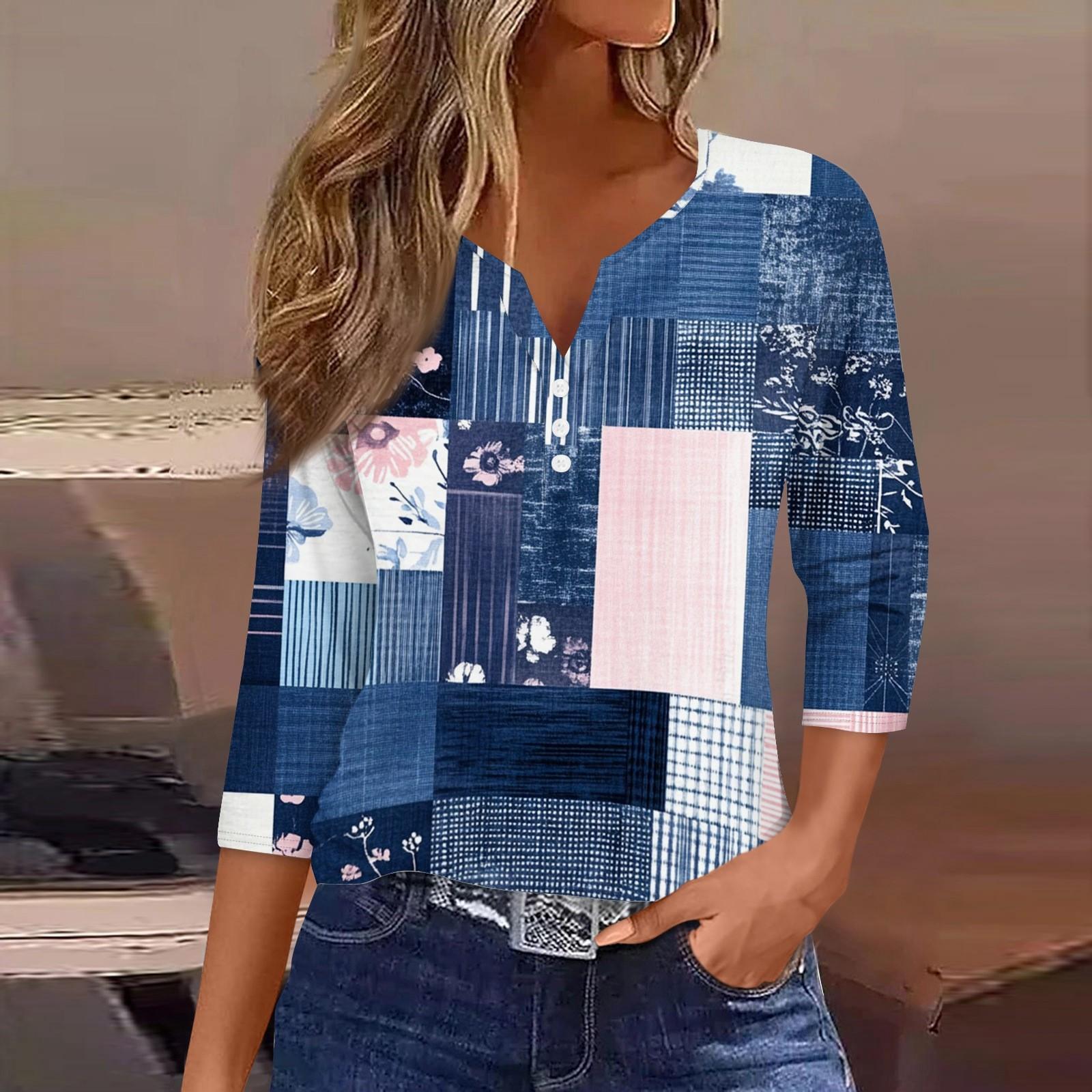 

Жен. Футболка Футболка С принтом Пуговицы Рукав 3/4 Повседневные Выходные Мода Классический Классический V-образный вырез Обычный Верх S