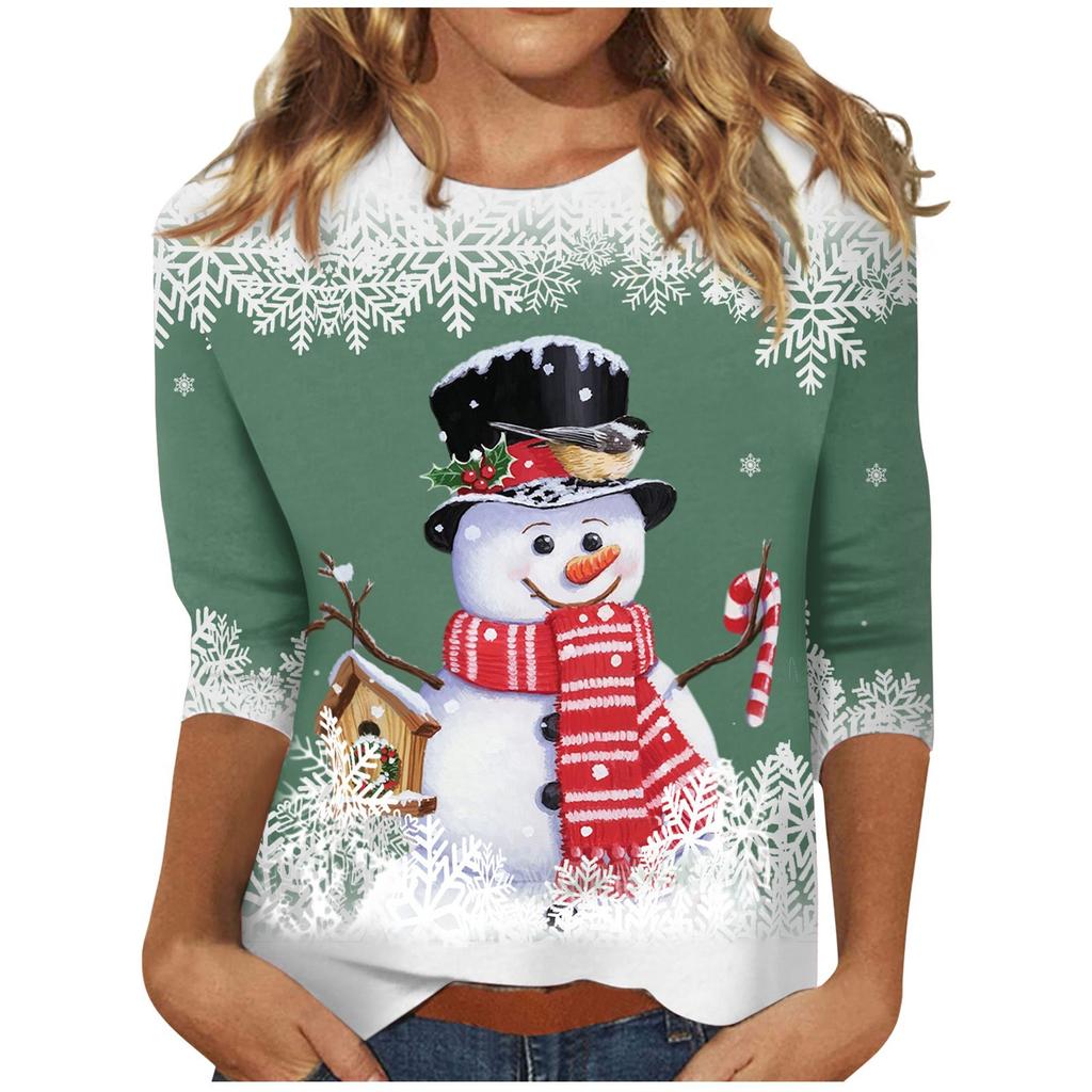 Spring and Autumn Round Neck Christmas Themed Pattern 3D Printed Top Fashionable Casual Long Sleeved Women's T-shirts
