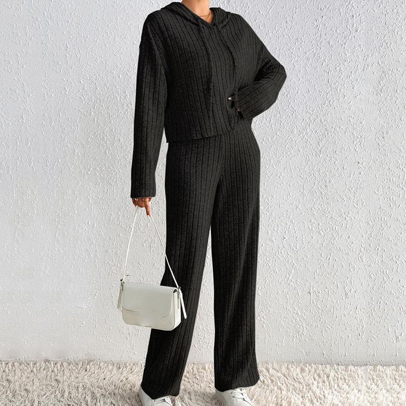 Women Autumn Winter Solid Color Loose Knitted Sweatshirt Suit Casual Long Sleeved Striped Hoodie Long Straight Leg Pants Two-piece Set