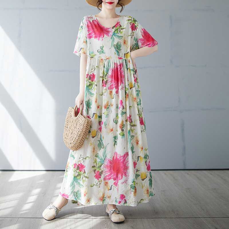 Women's Simple and Fashionable Long Skirt, Short Sleeved Round Neck Printed Dress