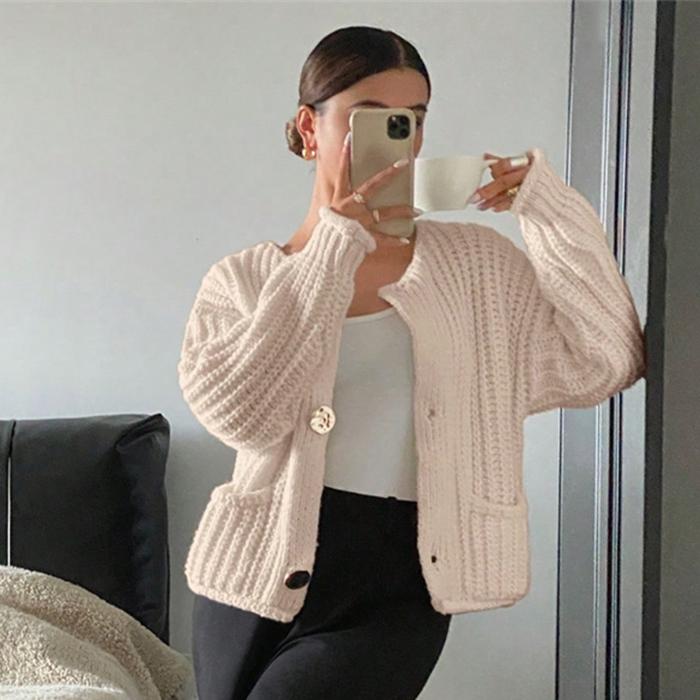 Damen Strickcardigan mit offener Vorderseite, einfarbig, langen Ärmeln, Rundhalsausschnitt und Tasche