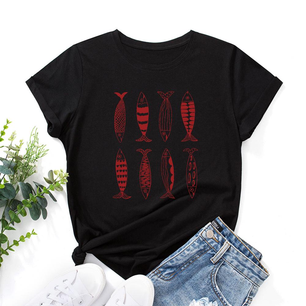 Cotton T-Shirt Short Sleeve Round Neck Women 2d Print Tops