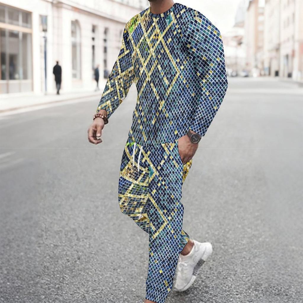 Men Rainbow Multicolor Swirl Tie Dye Style Print Long Sleeve Sweatshirt Jogger Pants Two Piece Suit