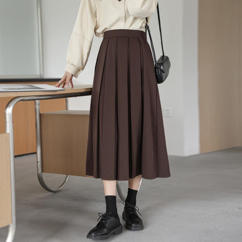 

Осенняя эластичная юбка-плиссе длиной ниже колена, драпированная юбка, универсальная черная юбка XL темно-коричневого