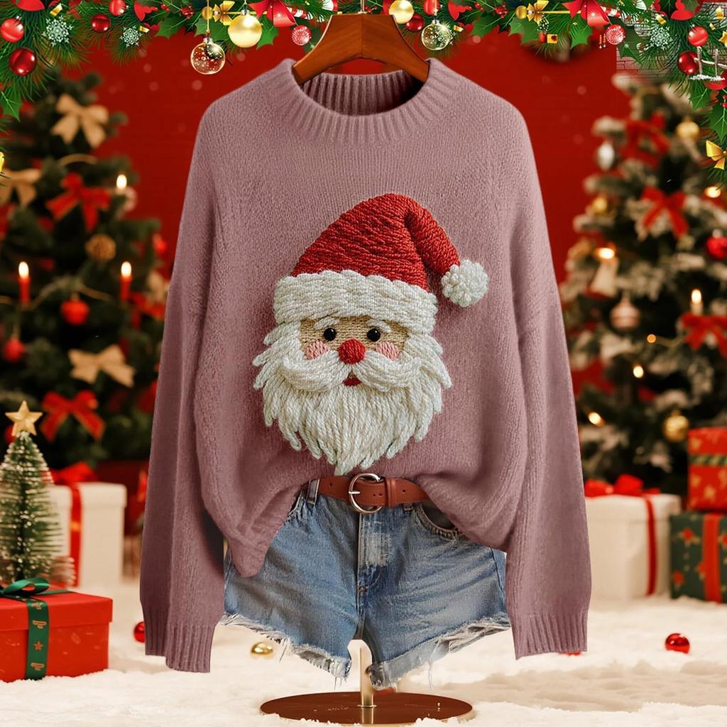 Women's Fashion Christmas Print Pullover Long-Sleeve  Neck Knit Sweater Top