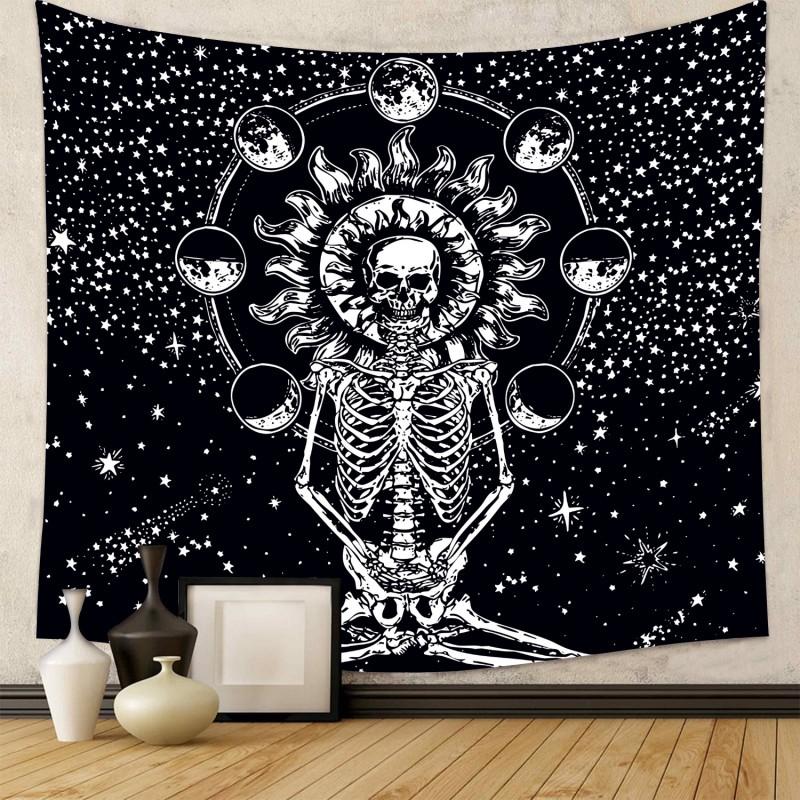 Boho Chic Wall Tapestry With Moon Phase Floral Starry Sky Design Bedroom Yoga Studio Decor